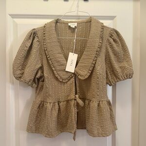 TAES Textured Puff Sleeve Tie Front Peplum Top Size Medium NWT